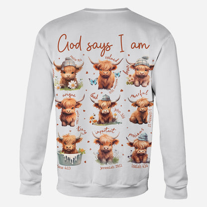 God Says I Am - Personalized Highland Cow All Over Shirt
