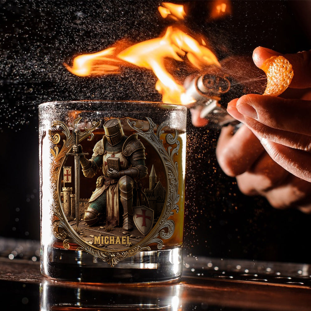 Kneeling Crusader Knight With Sword & Bible - Personalized Christian Whiskey Glass