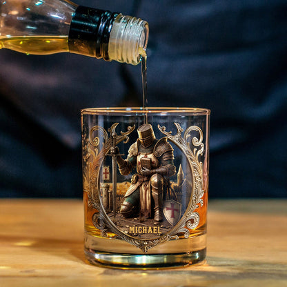 Kneeling Crusader Knight With Sword & Bible - Personalized Christian Whiskey Glass