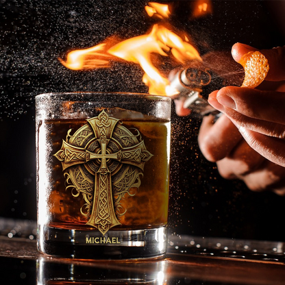 Christmas Golden Celtic Cross - Ornate Faith Decor & Spiritual Gift for Loved Ones - Personalized Christian Whiskey Glass