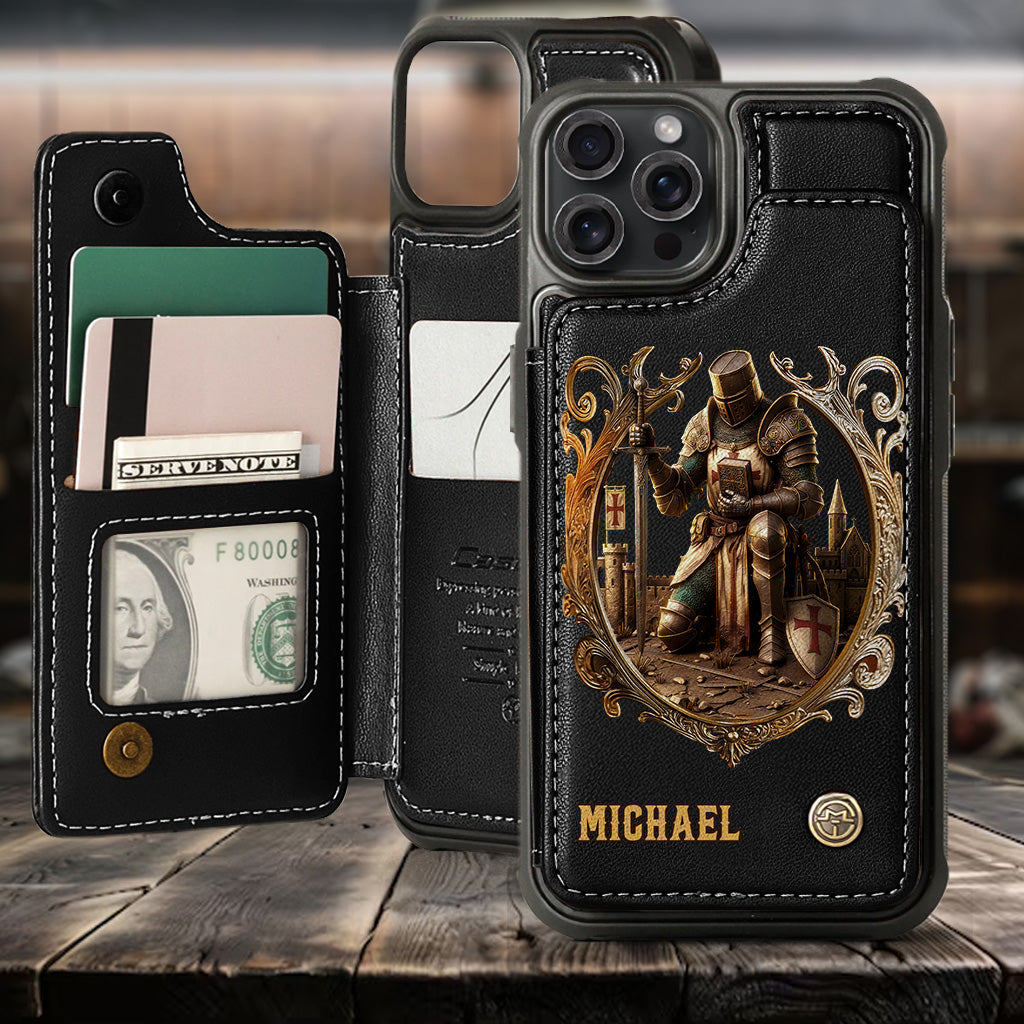 Kneeling Crusader Knight With Sword & Bible - Personalized Christian Wallet Phone Case