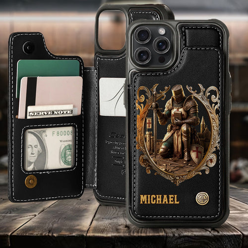 Kneeling Crusader Knight With Sword & Bible - Personalized Christian Wallet Phone Case