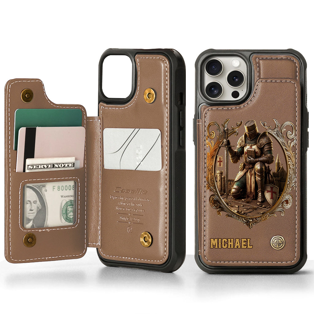 Kneeling Crusader Knight With Sword & Bible - Personalized Christian Wallet Phone Case