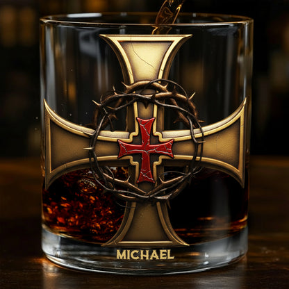 Christmas Golden Cross Crown of Thorns - Personalized Christian Whiskey Glass