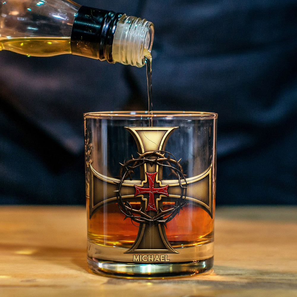 Christmas Golden Cross Crown of Thorns - Personalized Christian Whiskey Glass
