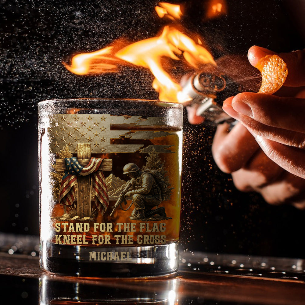 Stand for The Flag Kneel for The Cross - Personalized Christian Whiskey Glass