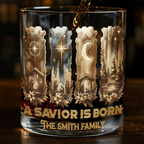 Merry Christmas "A Savior Is Born" Sublimation Whiskey Glass - Inspiring Nativity Scene Spiritual Gift for Christian Men - Personalized Christian Whiskey Glass