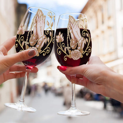 Praying Hands - Personalized Christian Wine Glass With Long Stem