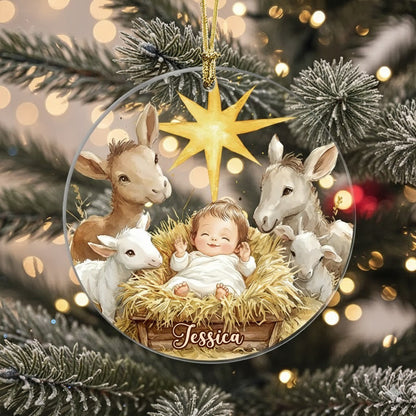 Festive Nativity Scene - Personalized Christian Ornament