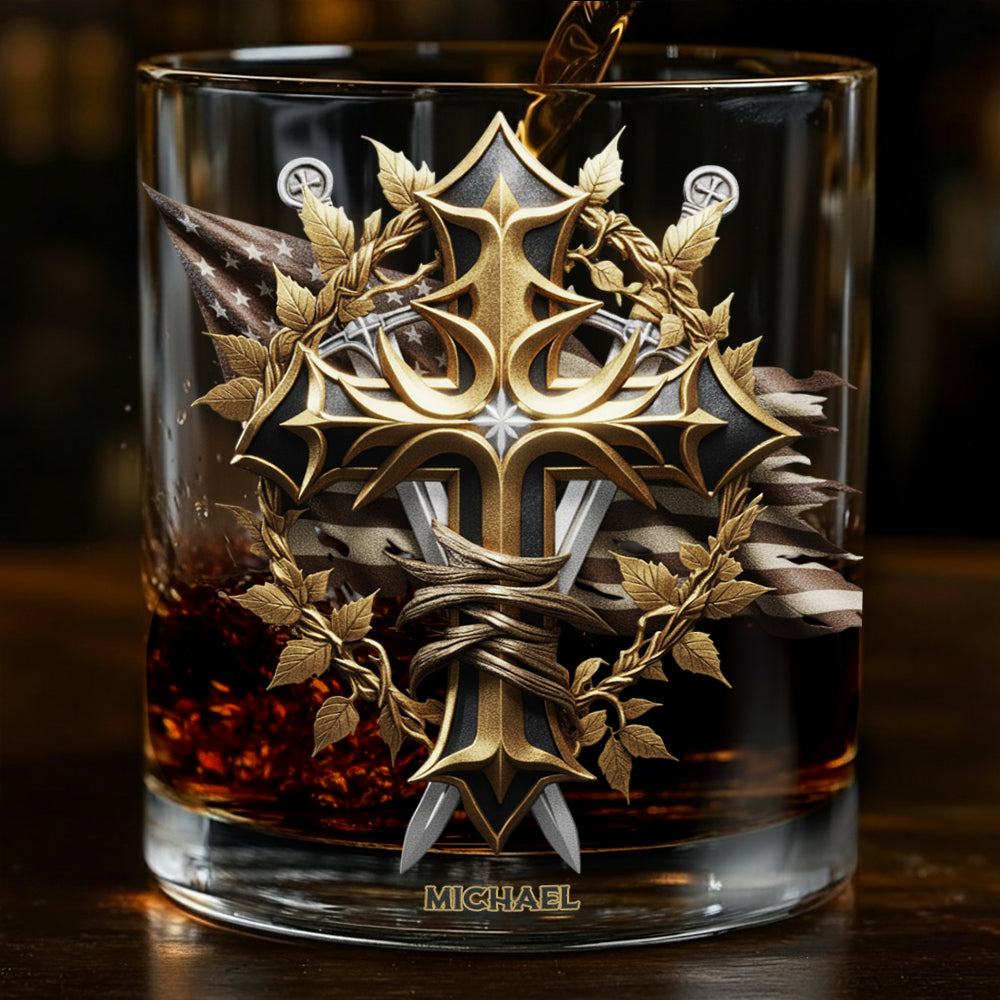 Festive Intricate Patriotic Christian Emblem - Personalized Christian Whiskey Glass