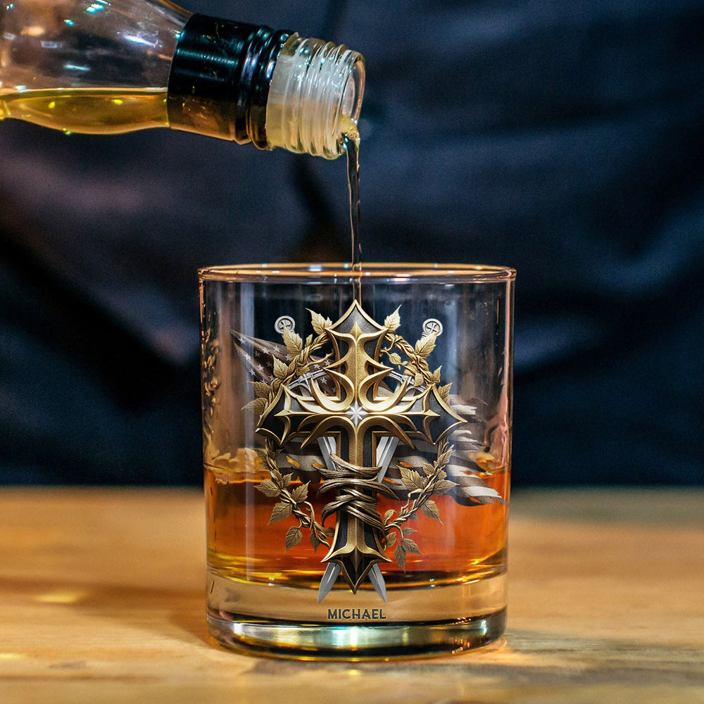 Festive Intricate Patriotic Christian Emblem - Personalized Christian Whiskey Glass
