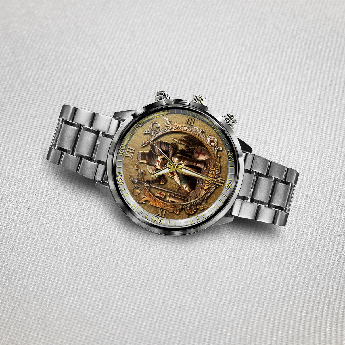 Kneeling Crusader Knight With Sword & Bible - Personalized Christian Hand Watch