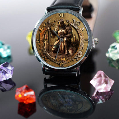 Kneeling Crusader Knight With Sword & Bible - Personalized Christian Hand Watch
