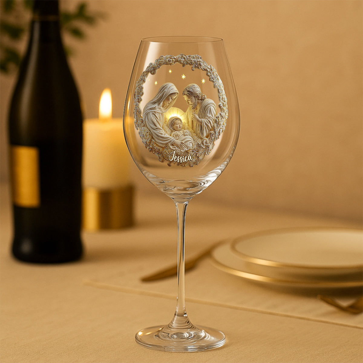 Nativity Scene - Personalized Christian Wine Glass With Long Stem