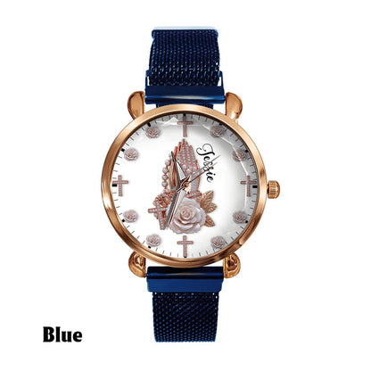 Praying Hands With Roses - Personalized Christian Women Hand Watch