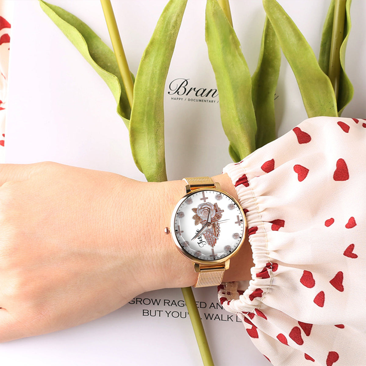 Praying Hands With Roses - Personalized Christian Women Hand Watch