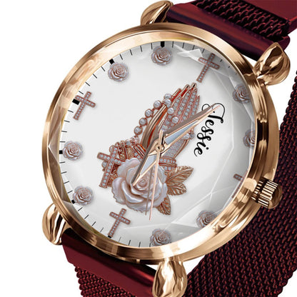 Praying Hands With Roses - Personalized Christian Women Hand Watch