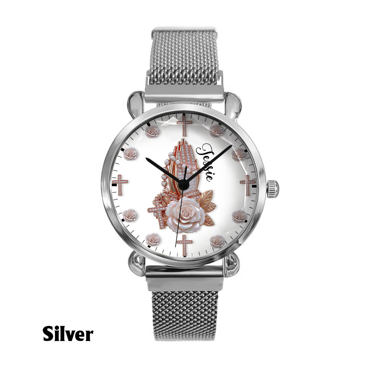 Praying Hands With Roses - Personalized Christian Women Hand Watch