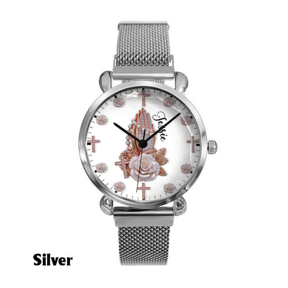 Praying Hands With Roses - Personalized Christian Women Hand Watch