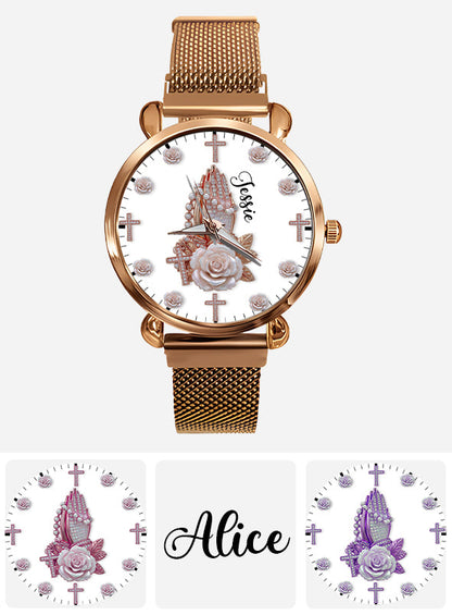 Praying Hands With Roses - Personalized Christian Women Hand Watch