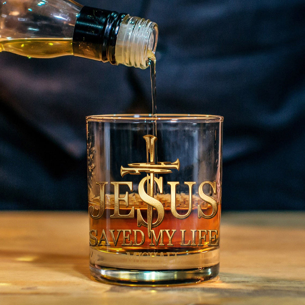 Christmas Gift: "Jesus Saved My Life" Whiskey Glass with Deep Faith Message for Christian Men. - Personalized Christian Whiskey Glass