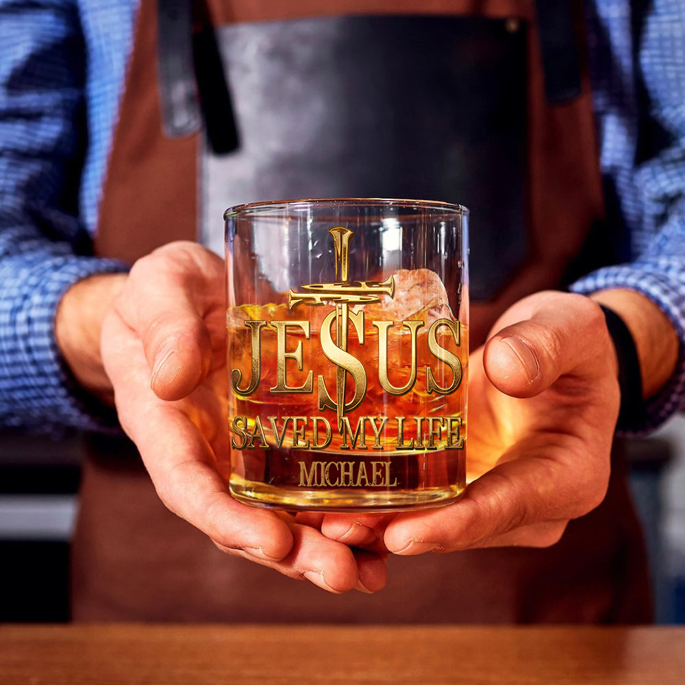 Christmas Gift: "Jesus Saved My Life" Whiskey Glass with Deep Faith Message for Christian Men. - Personalized Christian Whiskey Glass