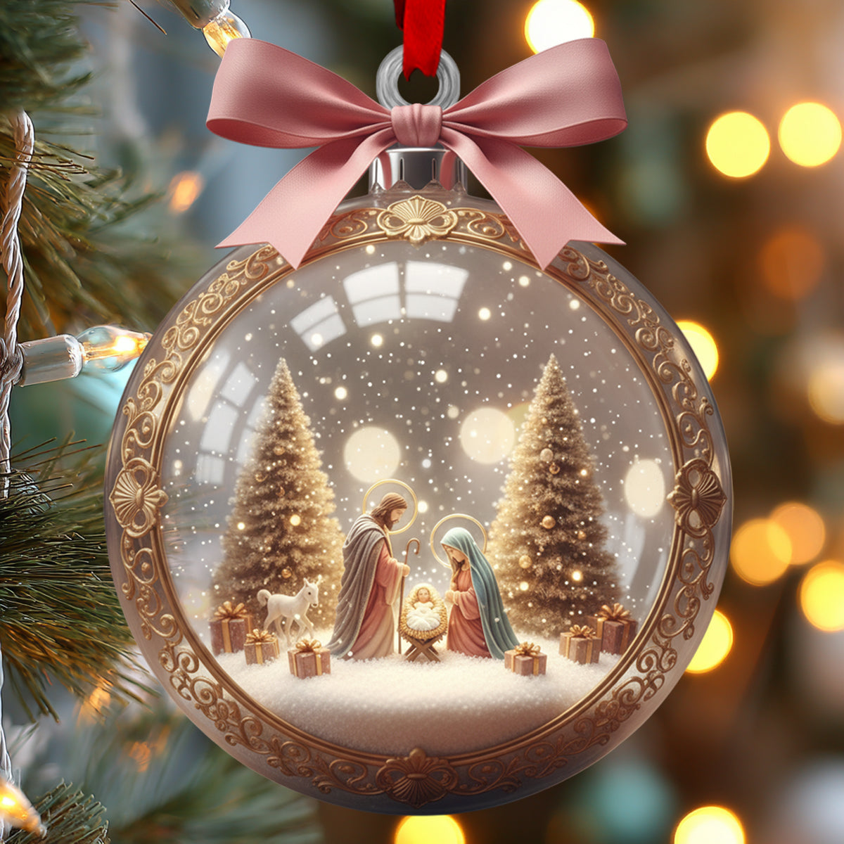Elegant Christmas Nativity Scene Glass Bauble - Ornate Gold Trim, Meaningful Decor for Sacred Home Display - Christian Ornament