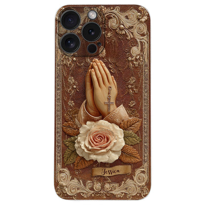 Praying Hands With Roses - Personalized Christian Leather Phone Case