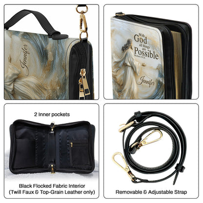 With God All Things Are Possible - Personalized Christian Leather Bible Cover Bag