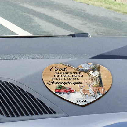 God Blessed The Broken Road That Leds Me To You - Personalized Couple Shaped Car Visor Clip