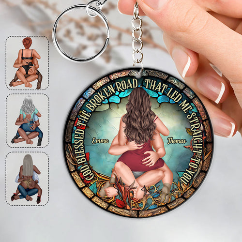 God Blessed The Broken Road That Led Me Straight To You - Personalized Couple Keychain