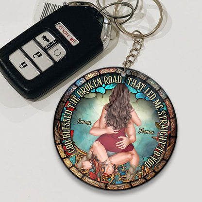 God Blessed The Broken Road That Led Me Straight To You - Personalized Couple Keychain