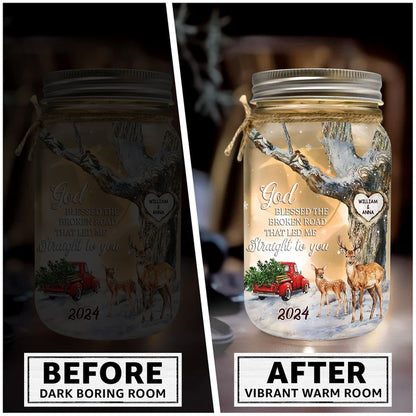 God Blessed The Broken Road - Personalized Couple Mason Jar Light