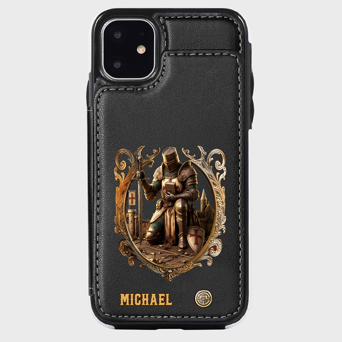 Kneeling Crusader Knight With Sword & Bible - Personalized Christian Wallet Phone Case