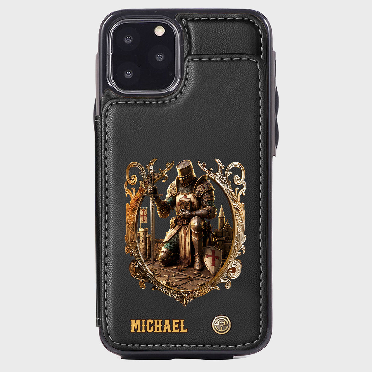 Kneeling Crusader Knight With Sword & Bible - Personalized Christian Wallet Phone Case