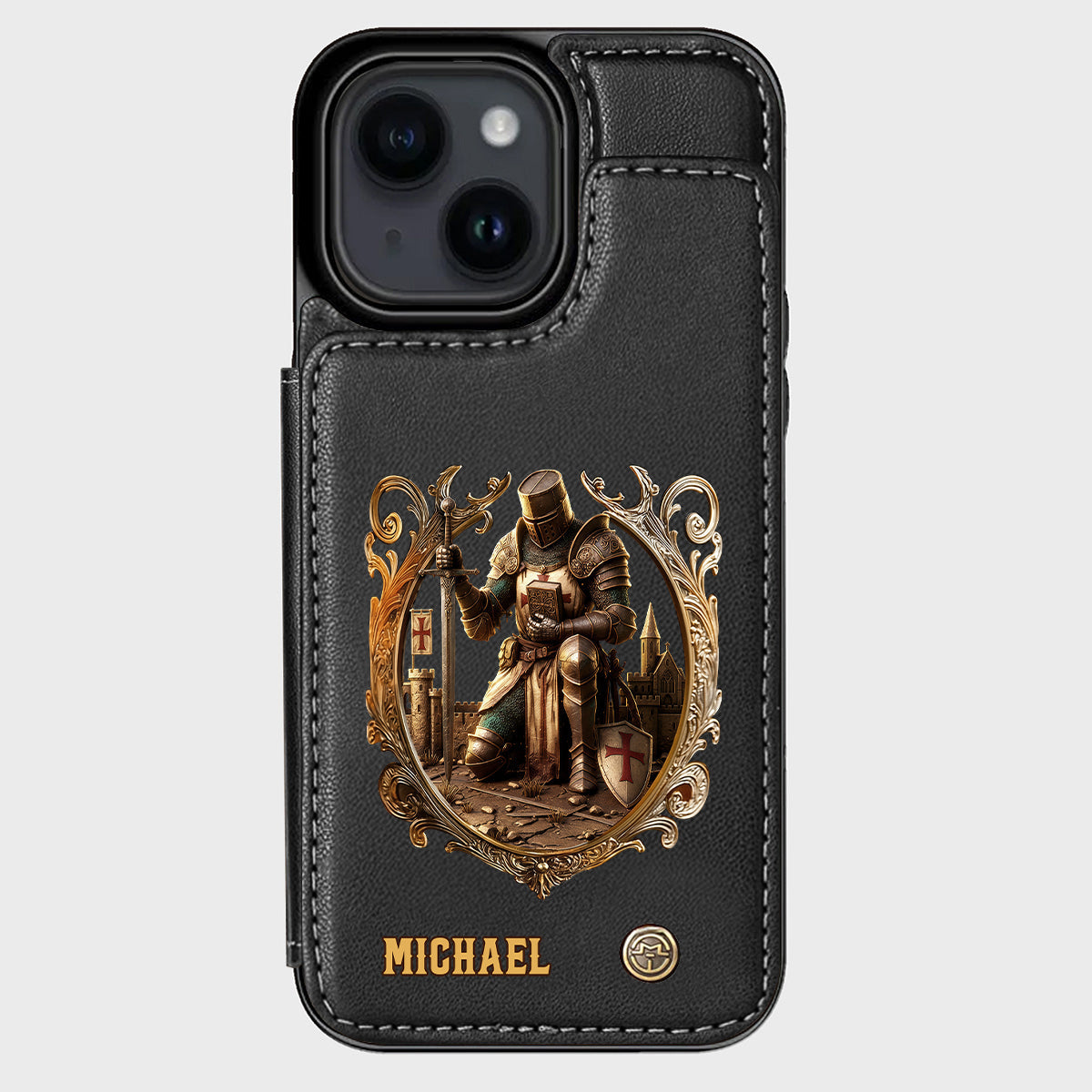 Kneeling Crusader Knight With Sword & Bible - Personalized Christian Wallet Phone Case