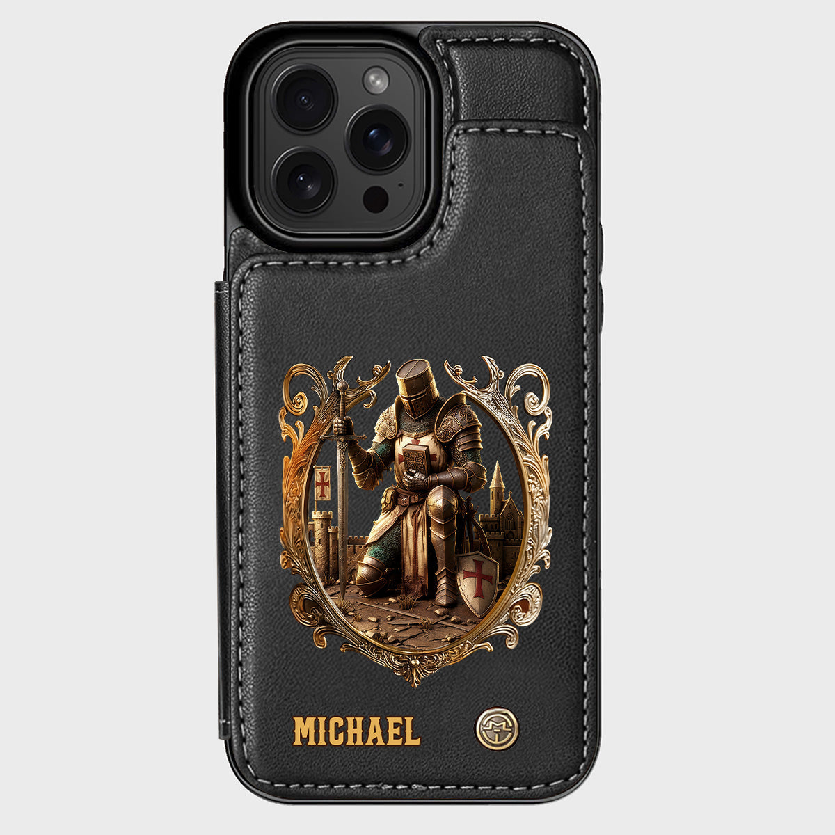 Kneeling Crusader Knight With Sword & Bible - Personalized Christian Wallet Phone Case