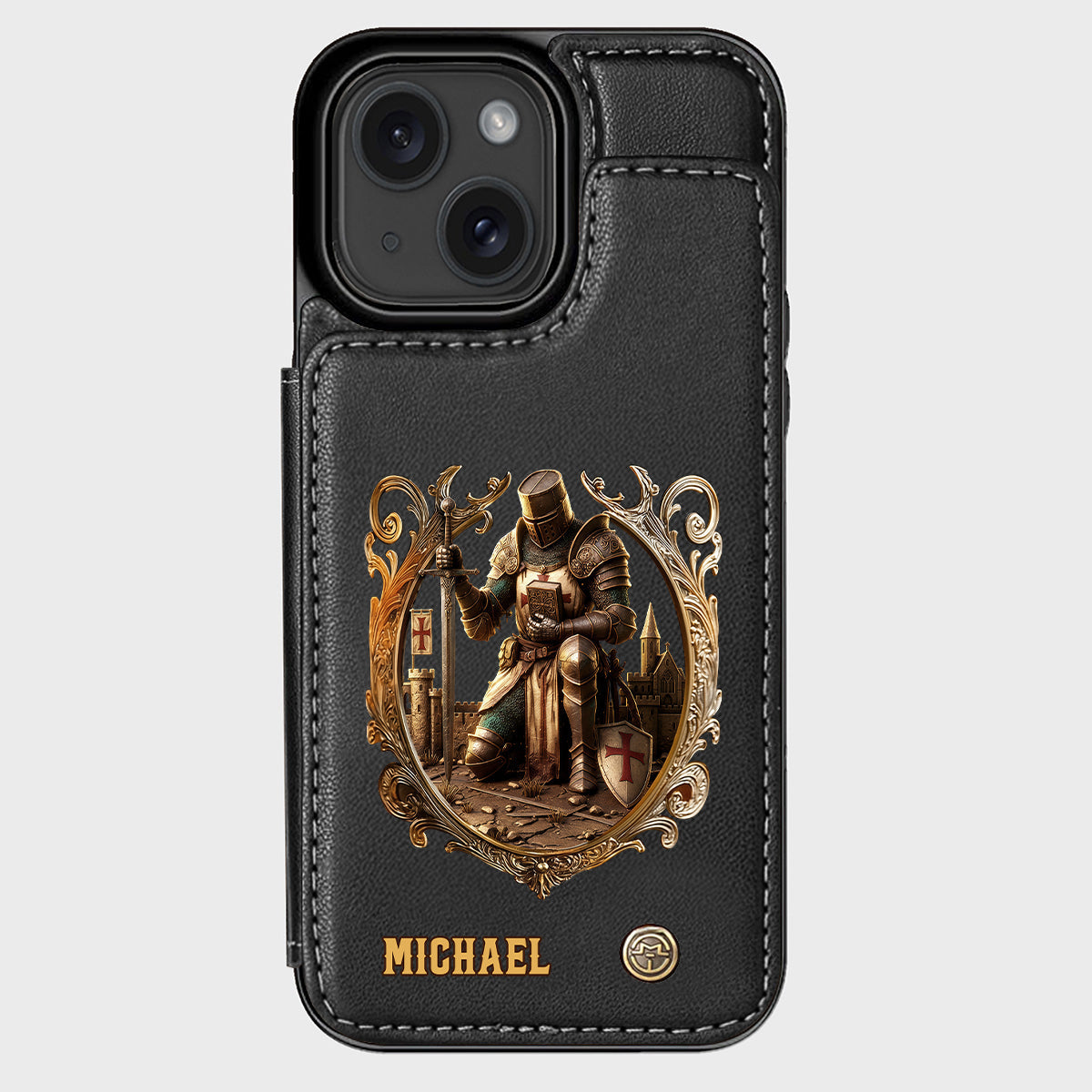 Kneeling Crusader Knight With Sword & Bible - Personalized Christian Wallet Phone Case