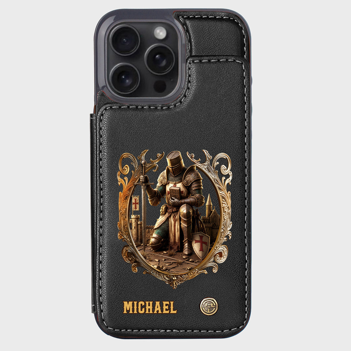 Kneeling Crusader Knight With Sword & Bible - Personalized Christian Wallet Phone Case