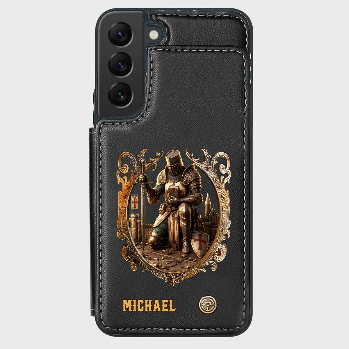 Kneeling Crusader Knight With Sword & Bible - Personalized Christian Wallet Phone Case