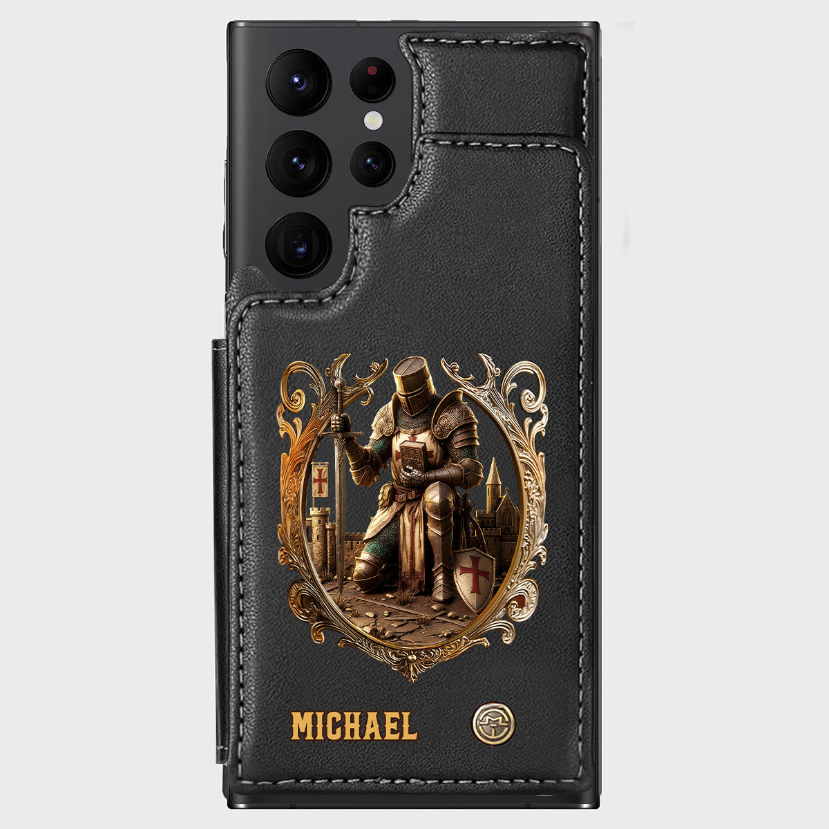 Kneeling Crusader Knight With Sword & Bible - Personalized Christian Wallet Phone Case